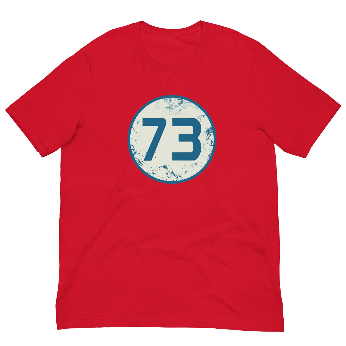 Red T-shirt with circular “73” graphic on the chest.