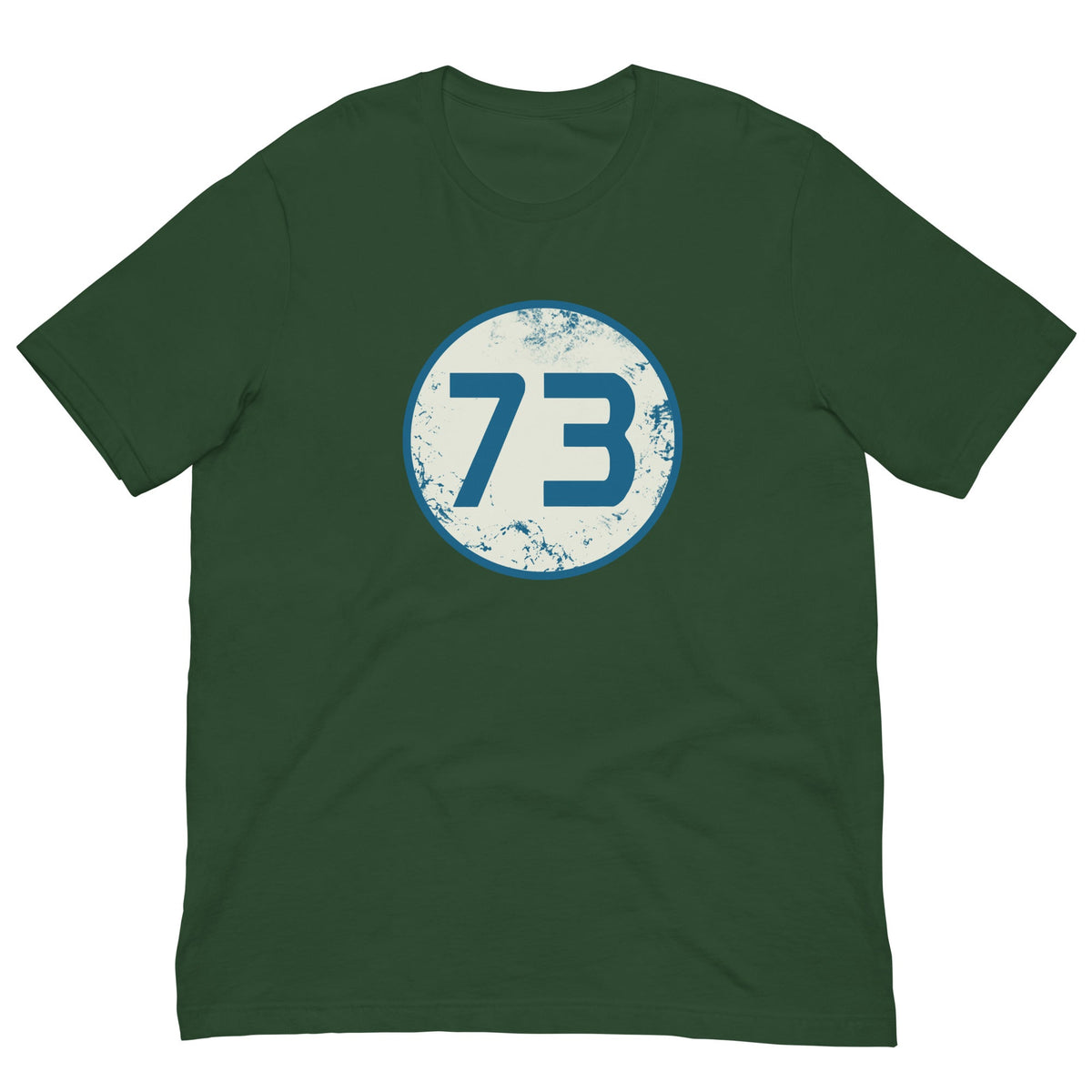 Forest green T-shirt with circular “73” graphic on the chest.