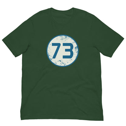 Forest green T-shirt with circular “73” graphic on the chest.