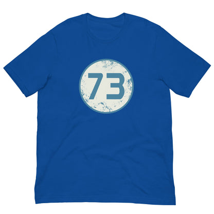 Royal blue T-shirt with circular “73” graphic on the chest.