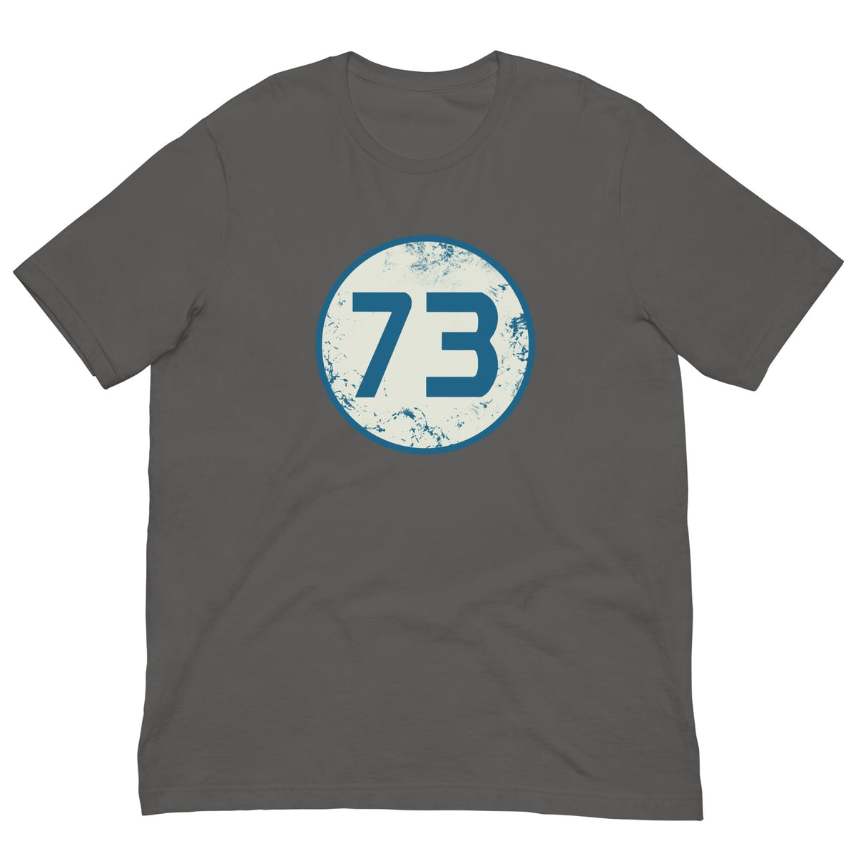 Asphalt gray T-shirt with circular “73” graphic on the chest.