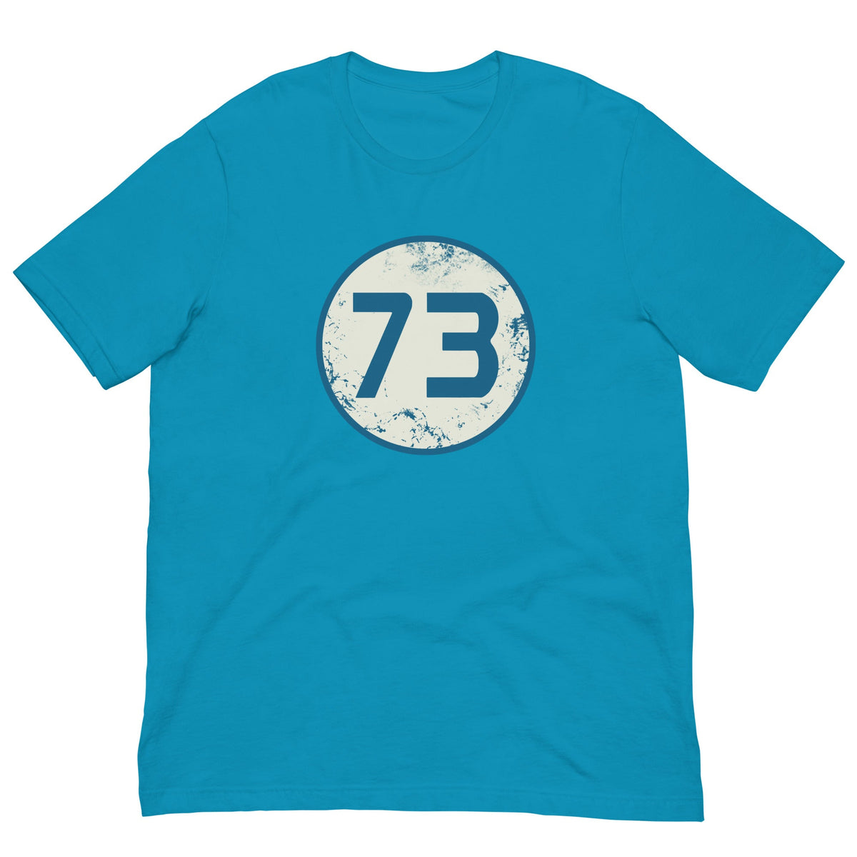 Aqua T-shirt with circular “73” graphic on the chest.