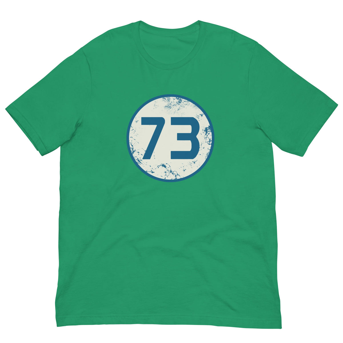 Kelly green T-shirt with circular “73” graphic on the chest.