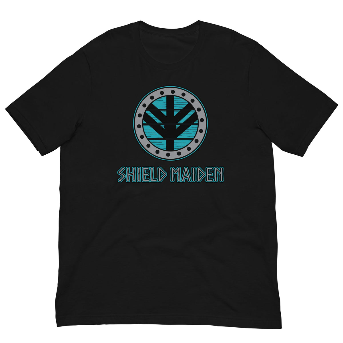 Black Shield Maiden graphic T-shirt with circular teal emblem on the chest