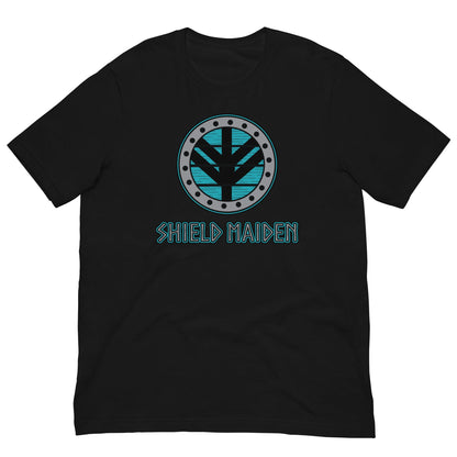 Black Shield Maiden graphic T-shirt with circular teal emblem on the chest