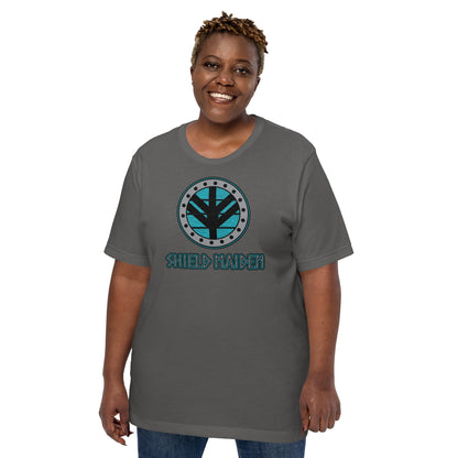 Asphalt gray Shield Maiden graphic T-shirt with circular teal emblem on the chest