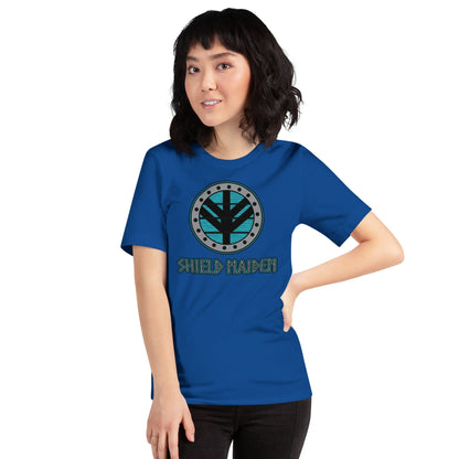 True royal blue Shield Maiden graphic T-shirt with circular teal emblem on the chest