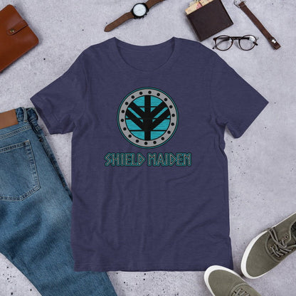 Heather midnight navy Shield Maiden graphic T-shirt with circular teal emblem on chest