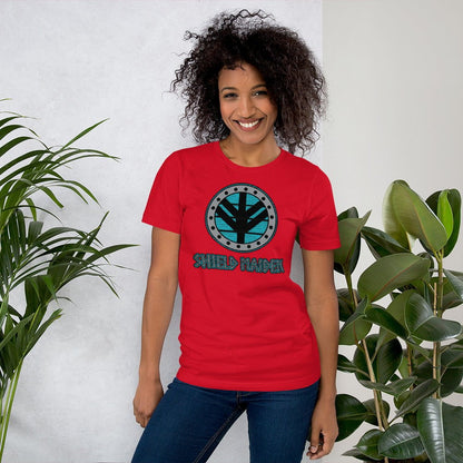 Red Shield Maiden graphic T-shirt with circular teal emblem on the chest