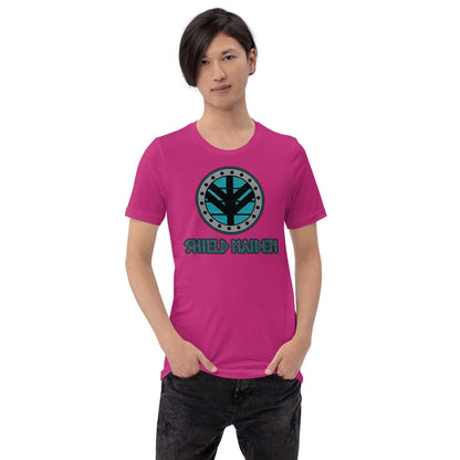 Berry pink Shield Maiden graphic T-shirt with circular teal emblem on the chest