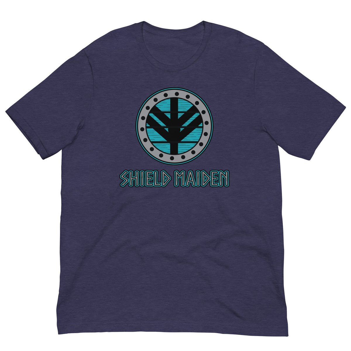 Dark purple Shield Maiden graphic T-shirt with circular teal emblem on the chest