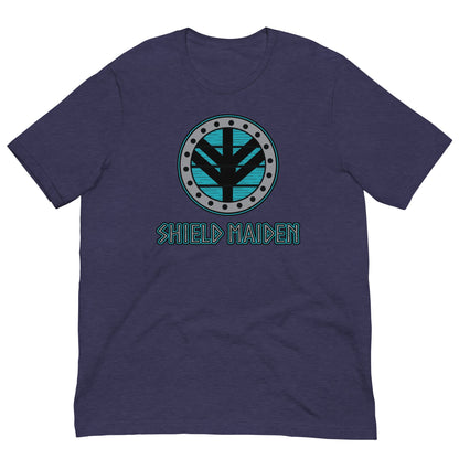 Dark purple Shield Maiden graphic T-shirt with circular teal emblem on the chest