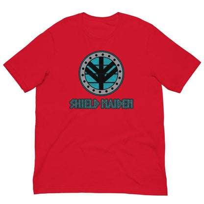 Shield-maiden T-shirt in red, front circular emblem with teal SHIELD MAIDEN print