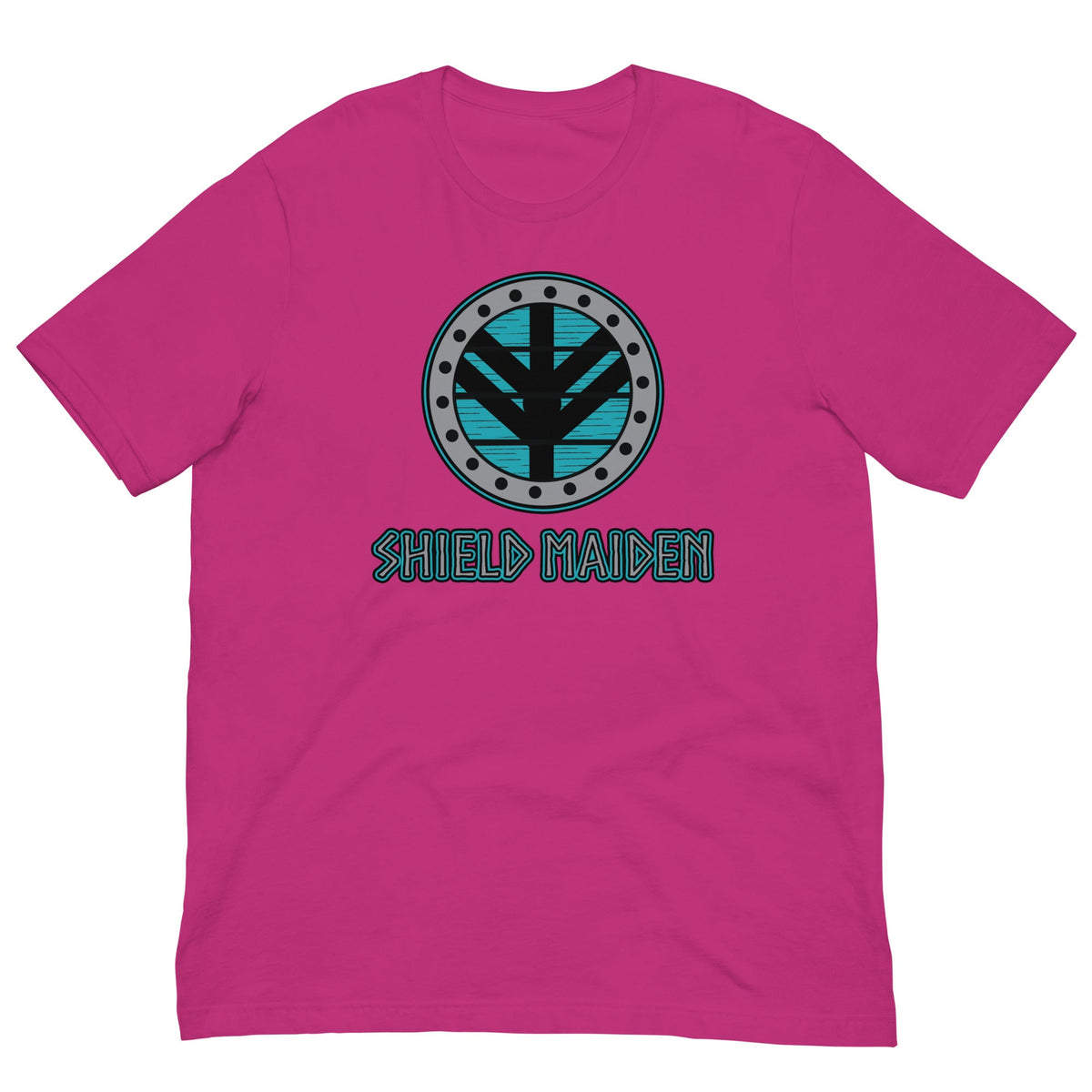Shield-maiden T-shirt in magenta, front circular emblem with teal SHIELD MAIDEN print