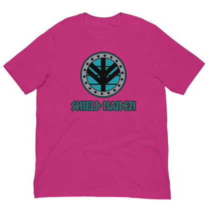 Shield-maiden T-shirt in magenta, front circular emblem with teal SHIELD MAIDEN print