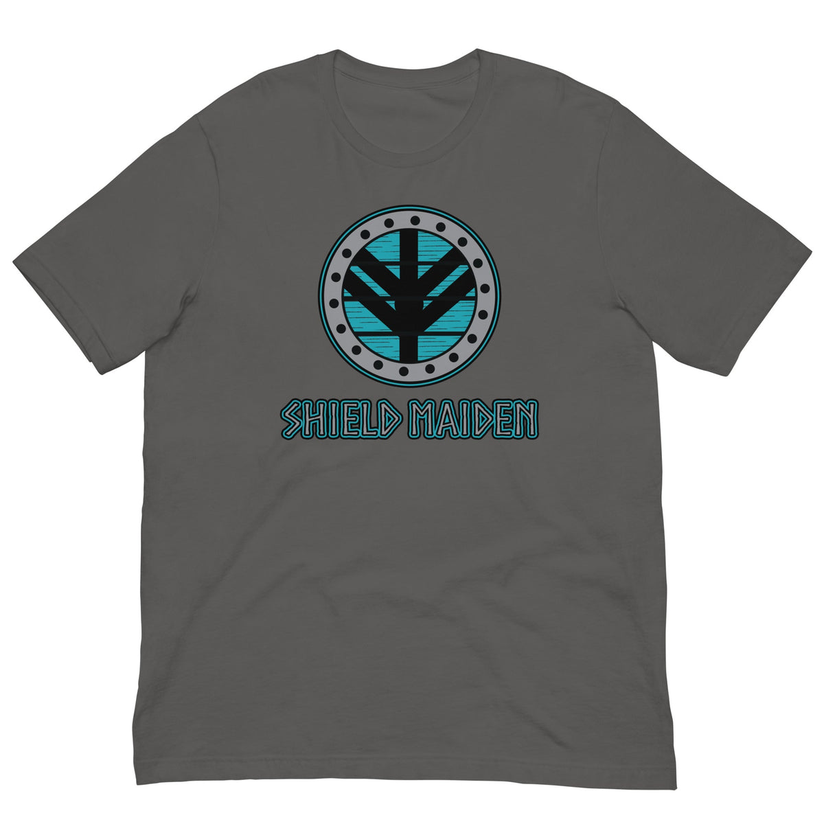 Shield-maiden T-shirt in dark gray, front circular emblem with teal SHIELD MAIDEN print