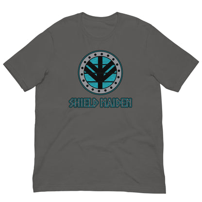 Shield-maiden T-shirt in dark gray, front circular emblem with teal SHIELD MAIDEN print