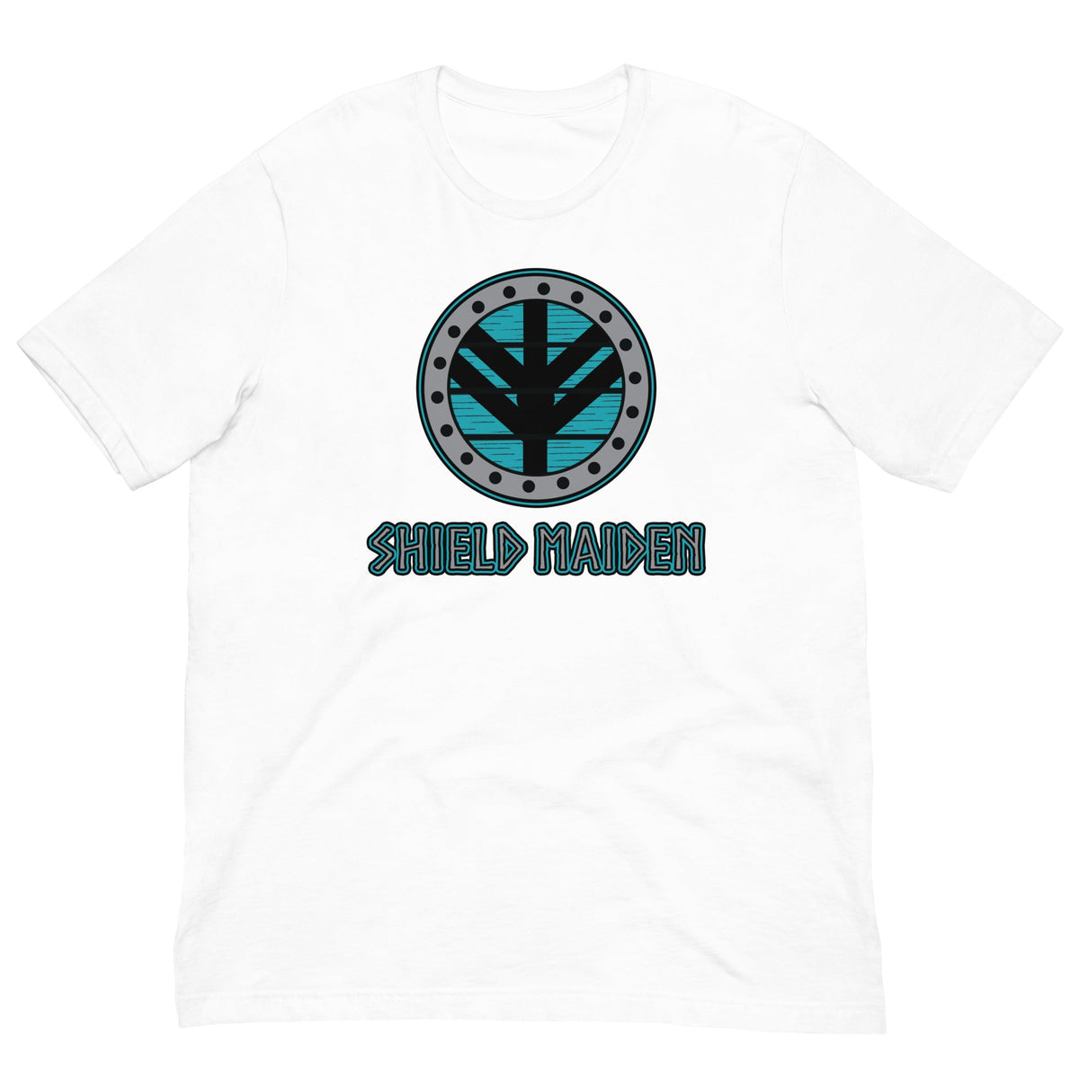 Shield-maiden T-shirt in white, front circular emblem with teal SHIELD MAIDEN print
