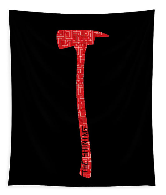 Square tapestry with black fabric and red glowing axe emblem at center.