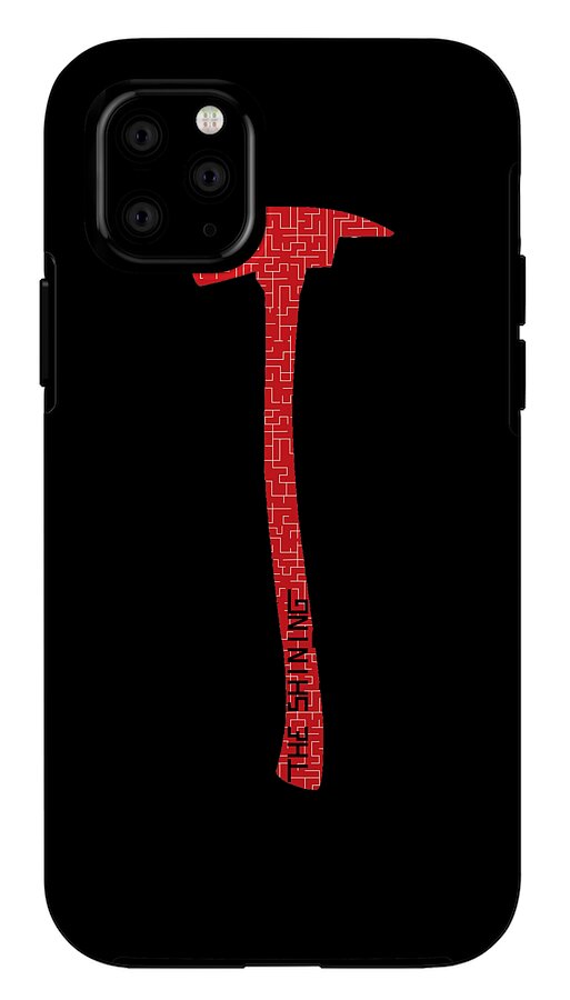 Black phone case featuring red axe artwork and camera lens openings