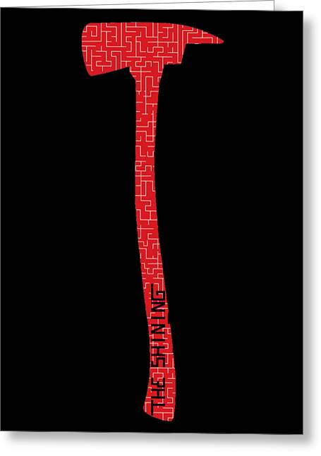 Greeting card with red maze-pattern axe silhouette