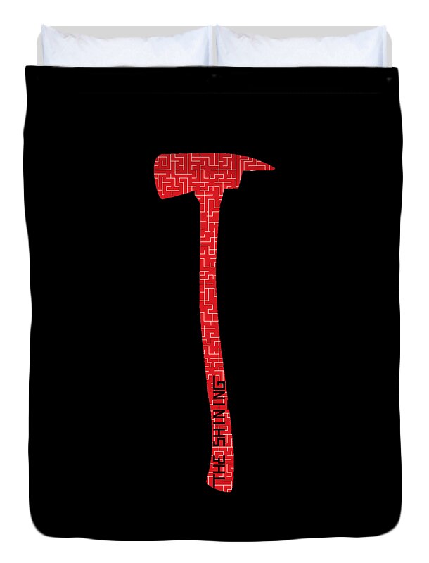 Black duvet cover with red axe icon printed on front