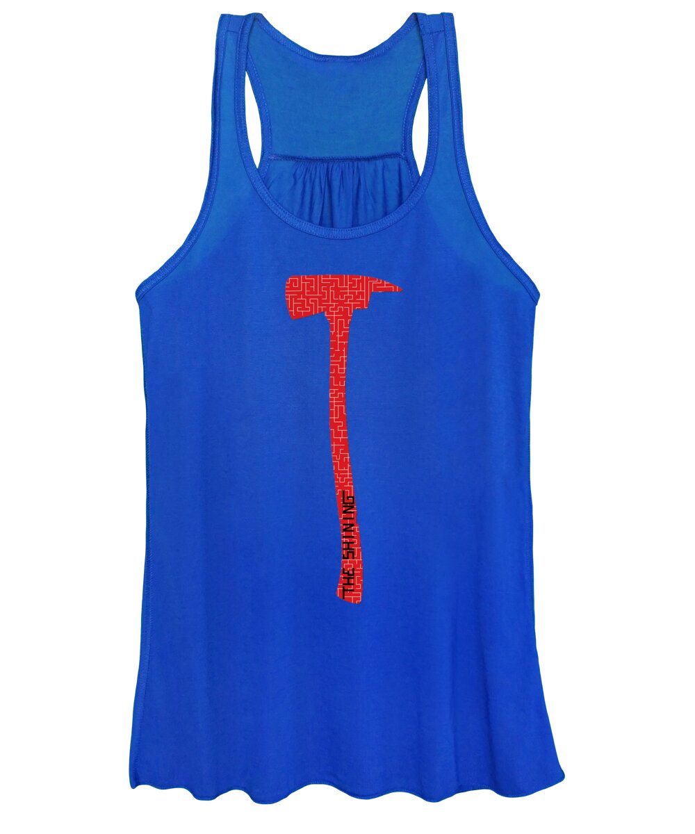 Women’s tank top with red axe graphic, scoop neck and racerback, blue color