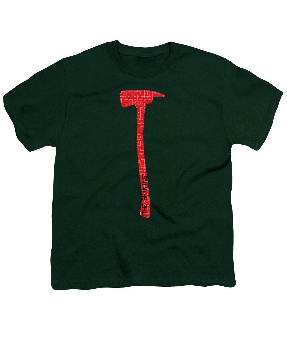 Dark green youth T-shirt with red axe graphic on center front
