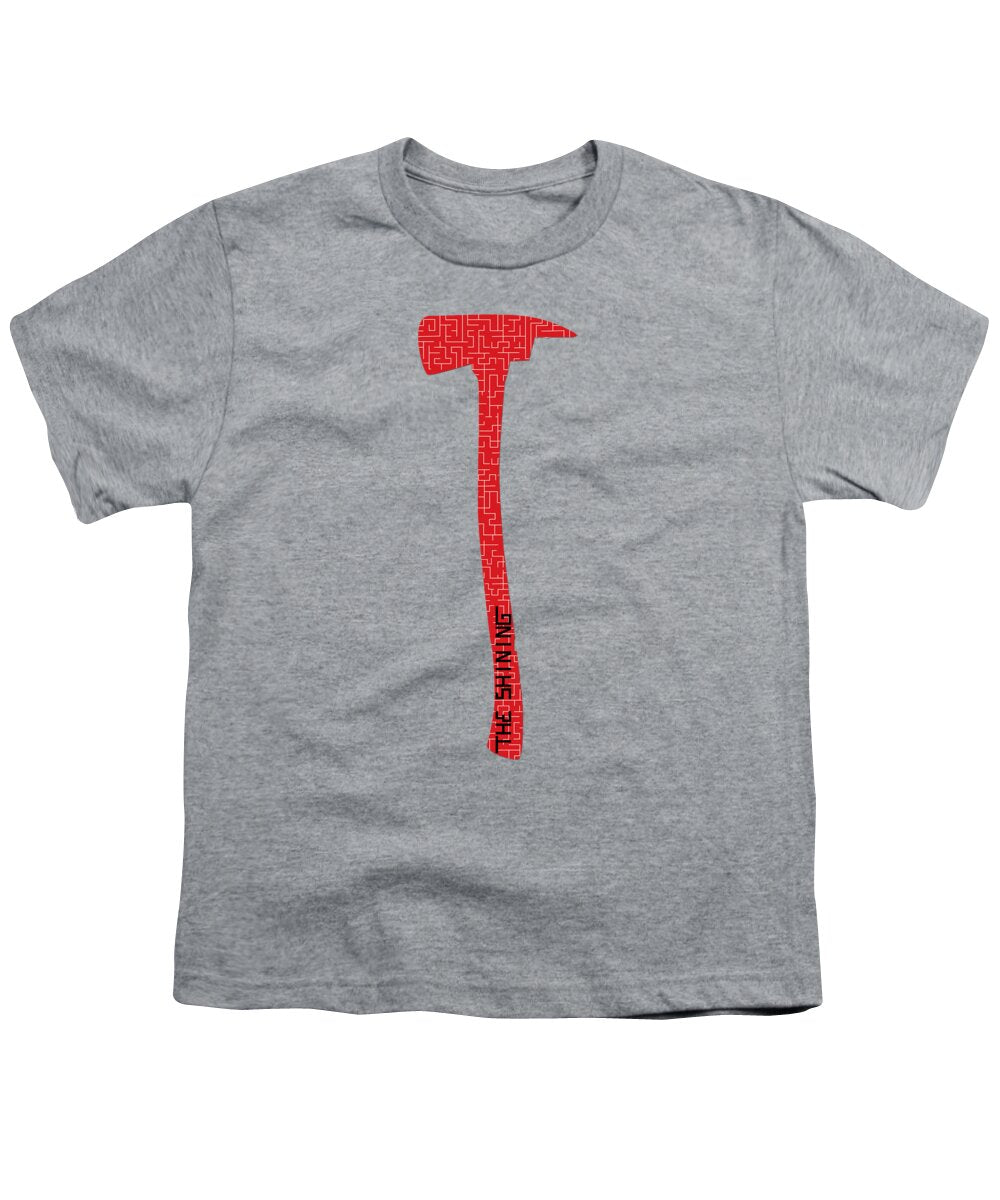 Heather gray youth T-shirt with red axe graphic on center front