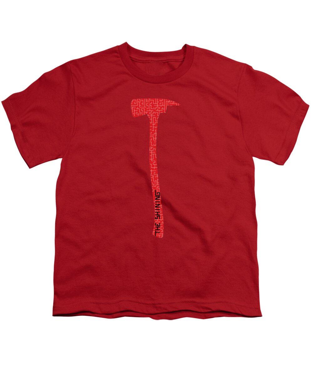 Red youth t-shirt with red pixel-style axe graphic on chest