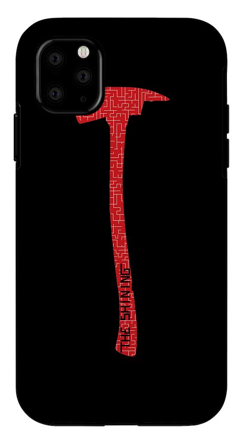 Black phone case with red axe graphic and camera lens openings