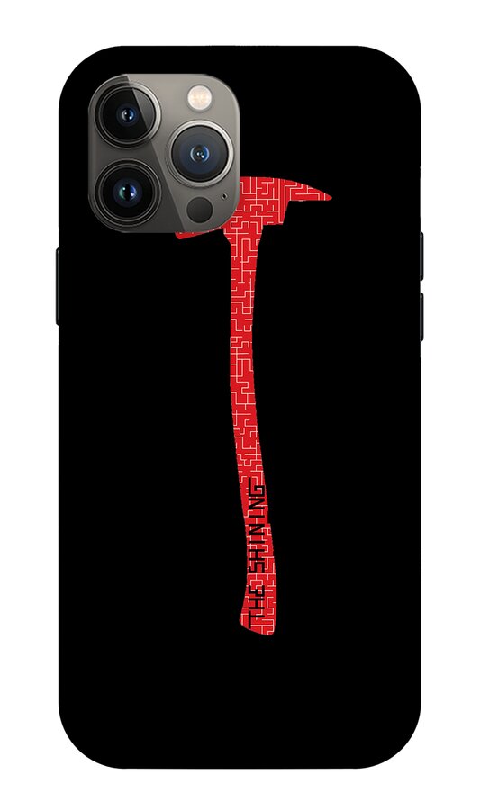 Phone case with black back and red axe graphic; quad-camera cutout