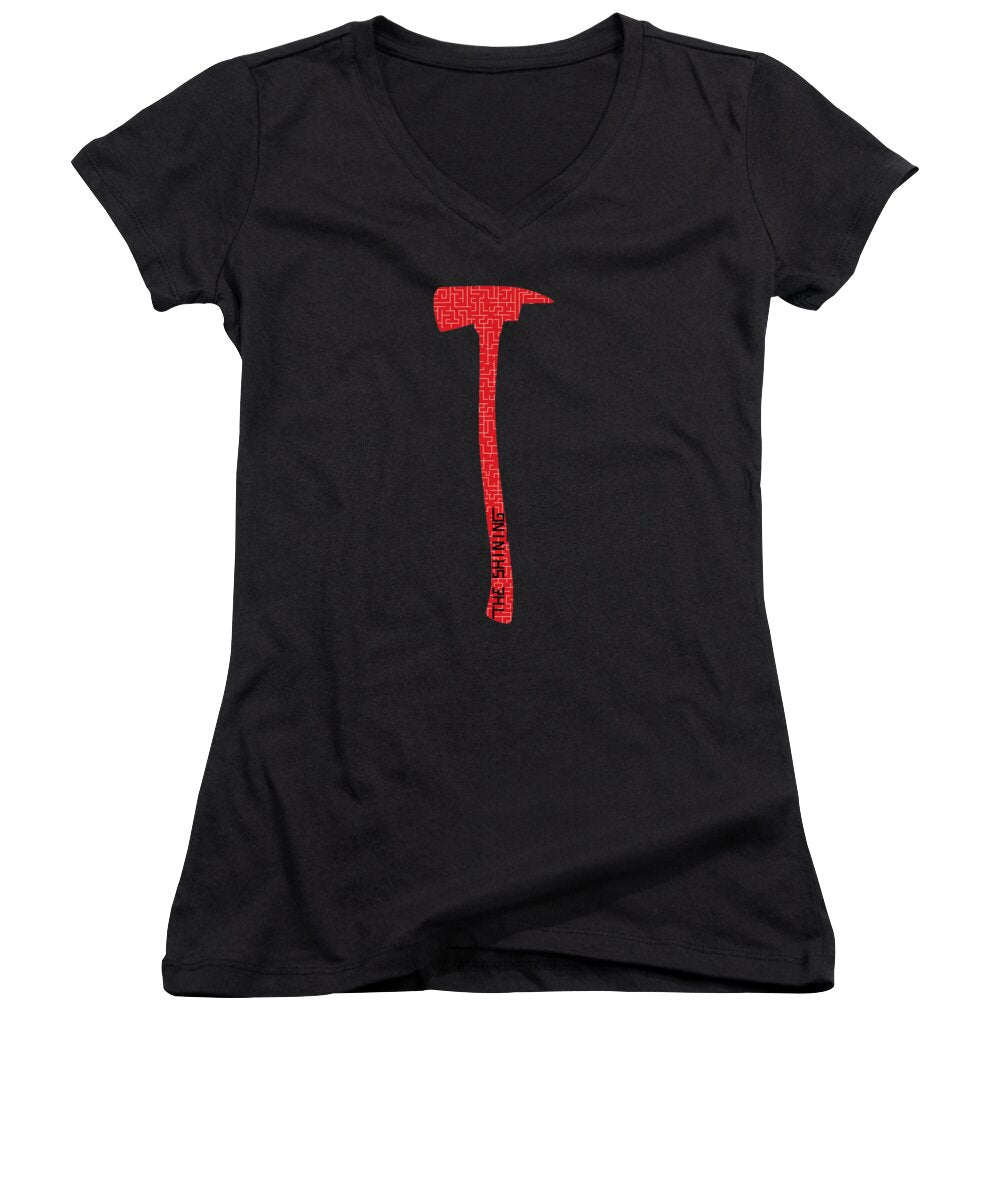 Women's V-neck T-shirt, black with red axe graphic on front