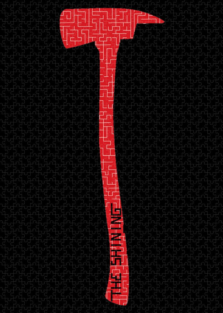 Red puzzle axe with patterned head and long handle, angled view