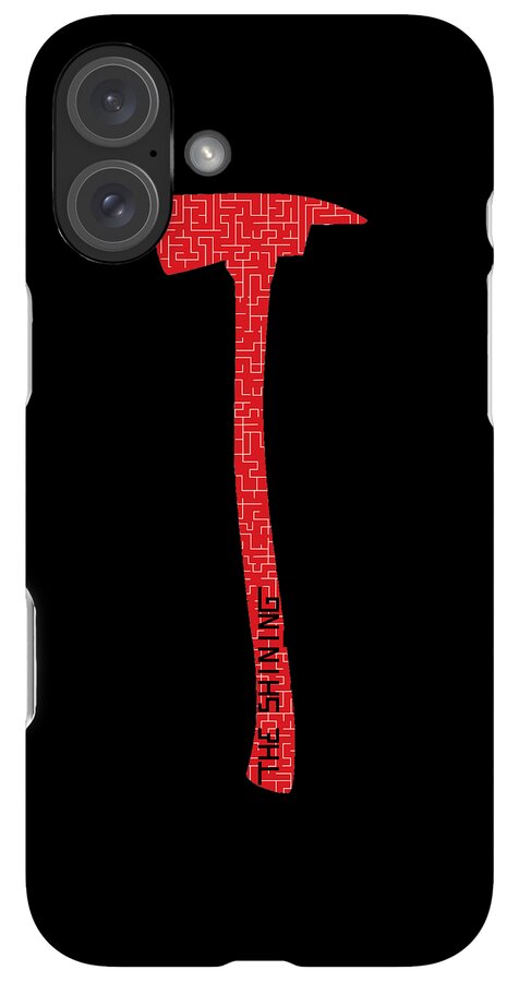 Black phone case with red axe graphic and dual camera cutouts on top left