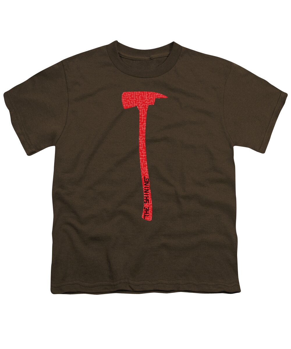 Coffee brown youth T-shirt with red axe graphic on center front