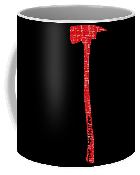 Black ceramic mug with red axe graphic on side