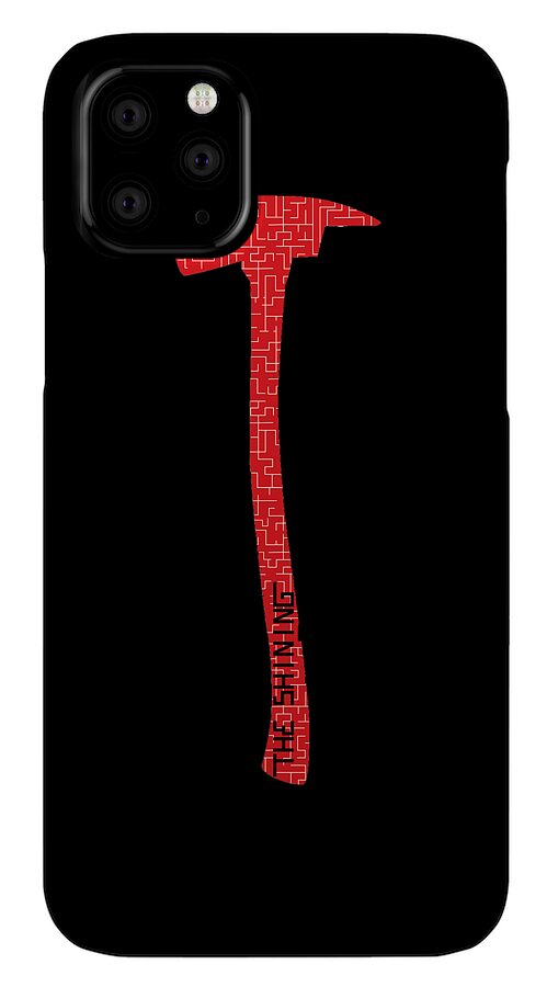 Black phone case with red axe symbol and camera module openings