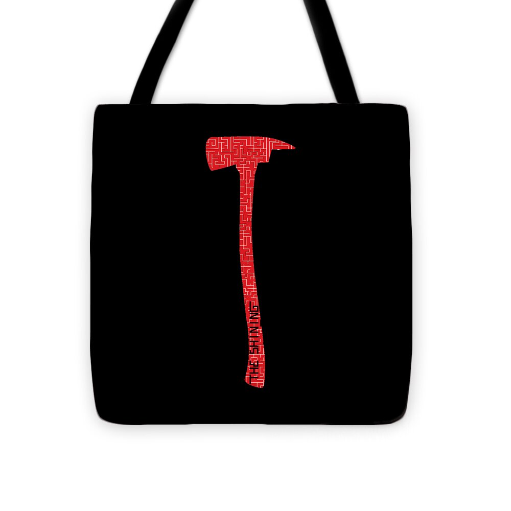 Black tote bag with large red axe graphic, two top handles