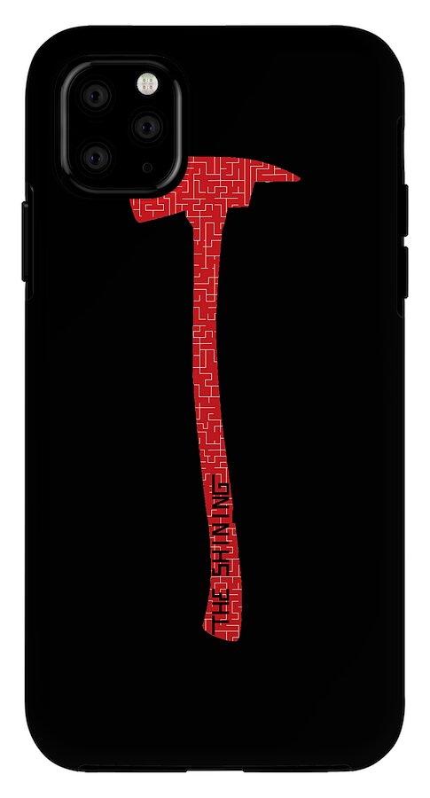 Black phone case with red axe design and camera lens openings