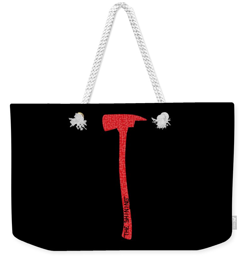 Weekender tote bag with black body, red/gray axe graphic, white rope handles