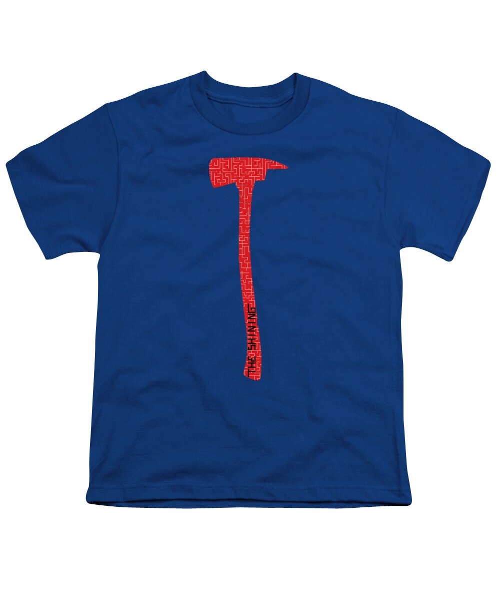 Royal blue youth t-shirt with red pixel-style axe graphic on chest