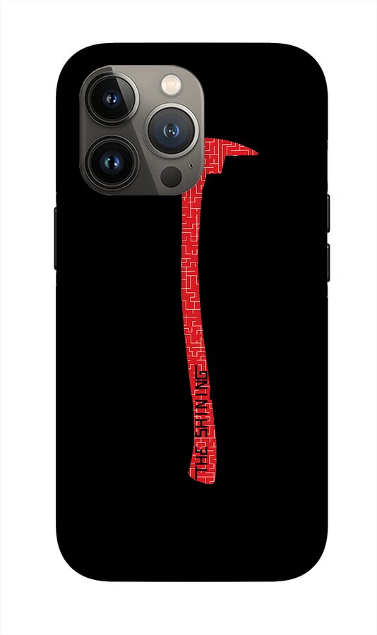 Phone case with black back and red axe graphic; triple-camera cutout