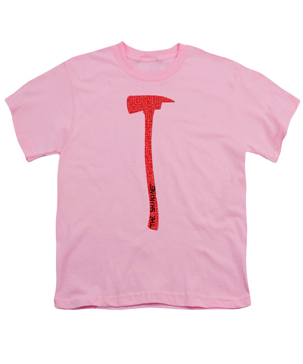 Pink youth t-shirt with red pixel-style axe graphic on chest