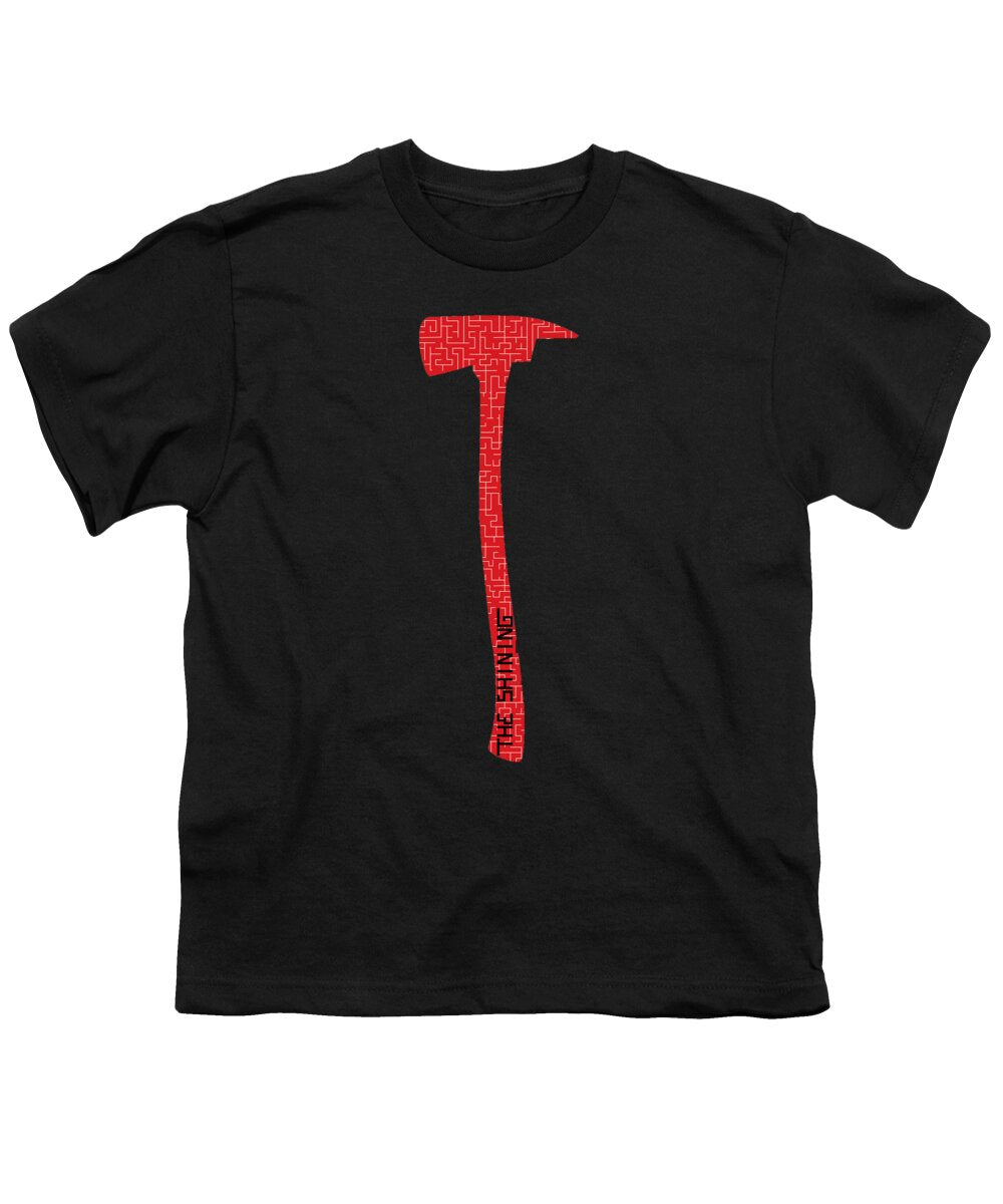 Black youth T-shirt with red axe graphic on center front