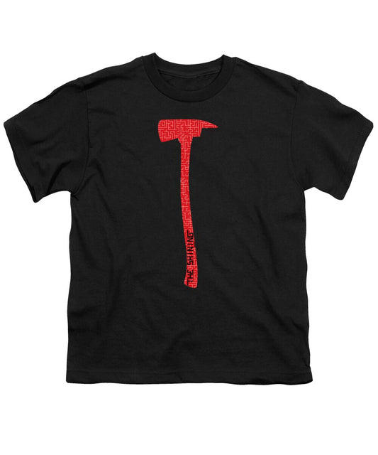 Black youth T-shirt with red axe graphic on center front