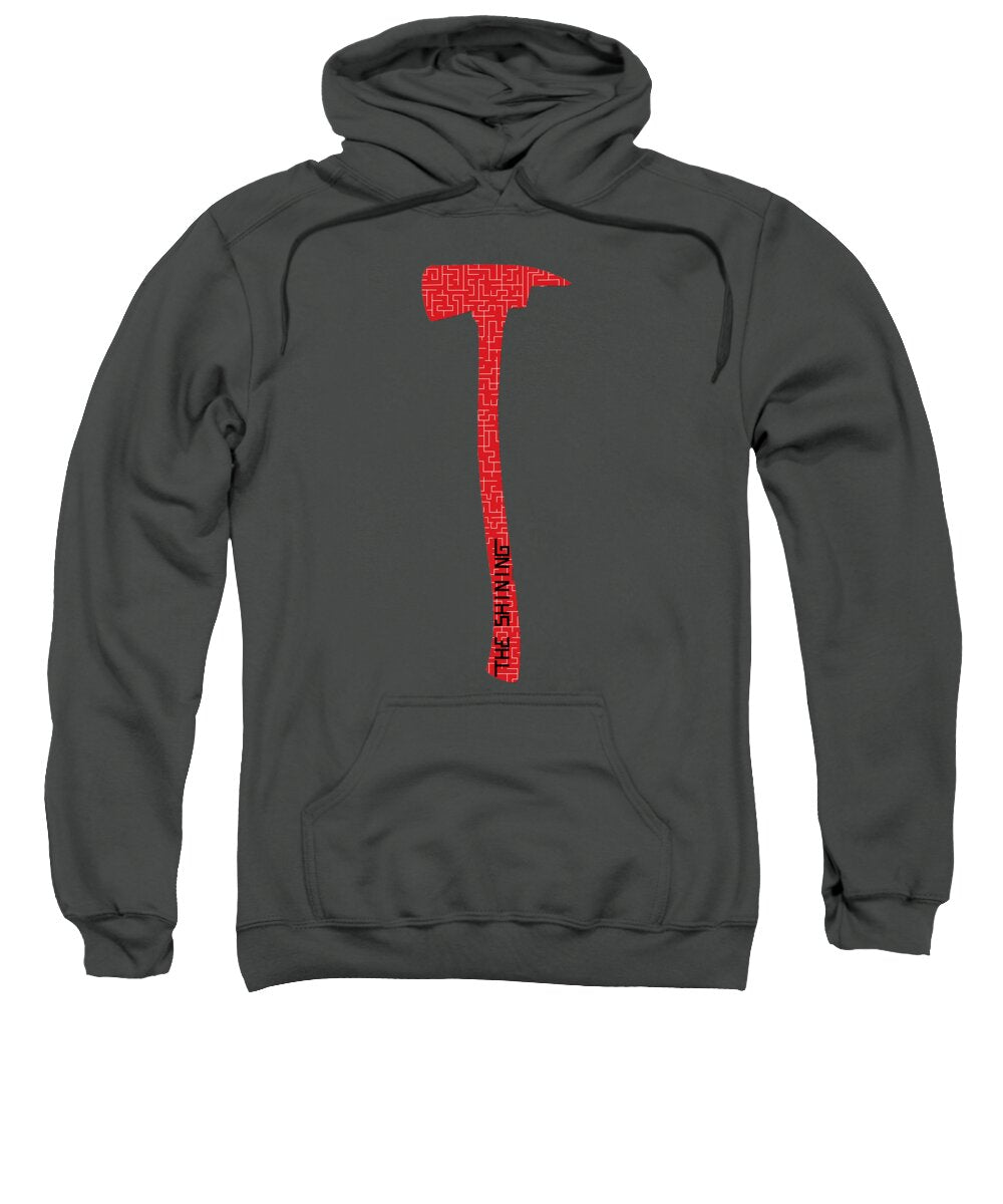 Charcoal hoodie sweatshirt with red axe graphic and front kangaroo pocket