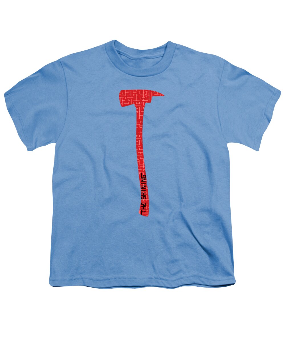Light blue youth T-shirt with red axe graphic on center front