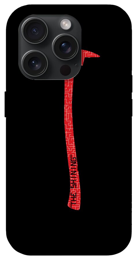 Black phone case with red axe graphic centered and visible camera and flash openings.