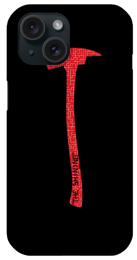 Black phone case with red axe head and handle design over the camera area.